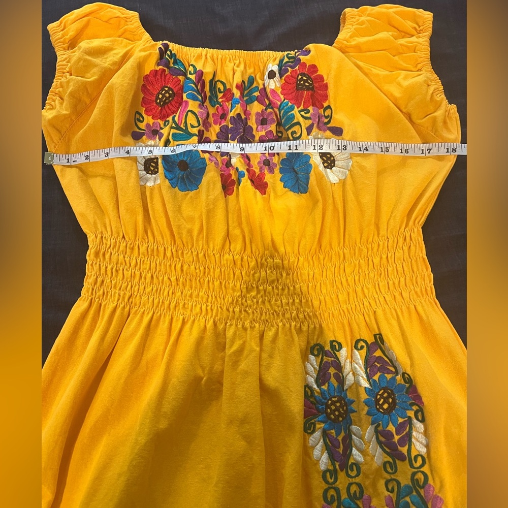 Yellow Mexican theme embroidered flowers Off-Shoulder Puff Sleeve Sundress sz xl - Picture 7 of 11